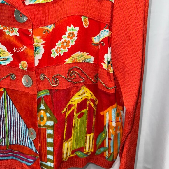 Vtg Howard Wolf 80's Woman Orange Floral Hawaiian Shirt Blouse Size 4 - Picture 7 of 15